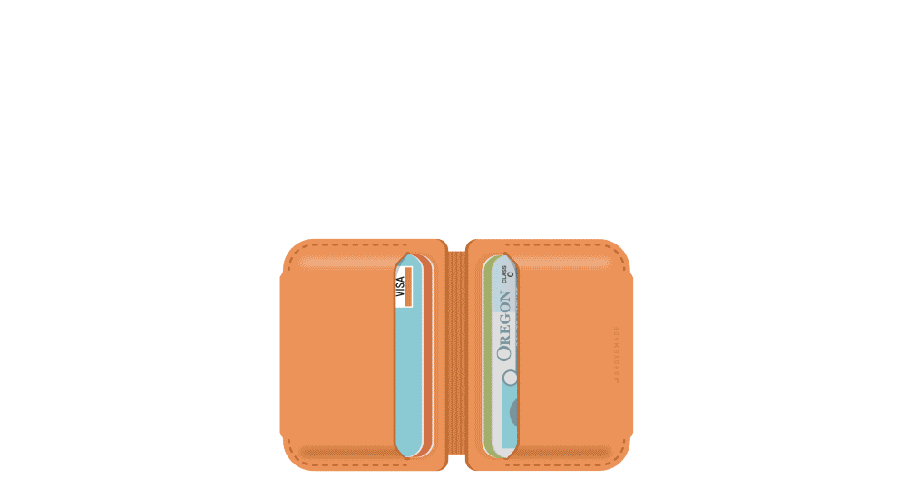 Animation showing small tan bifold wallet holds six debit or credit cards, paper money, and extras.