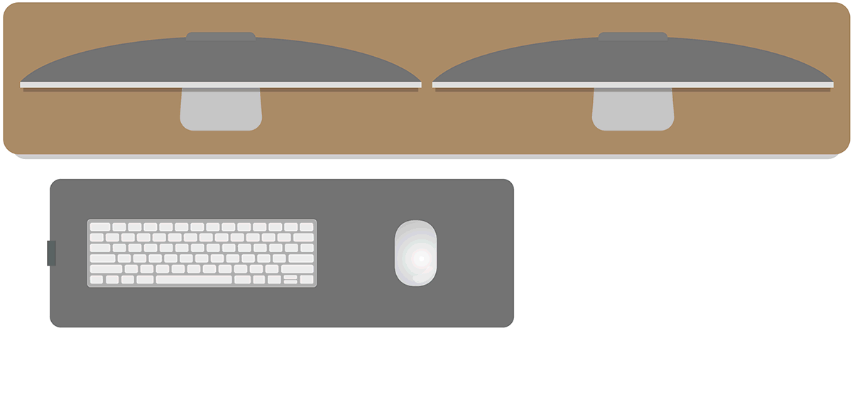 Animation showing the desk pad, keyboard, and mouse sliding under the desk shelf to clear space for non-computer work.