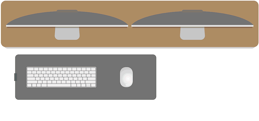 Animation showing the desk pad, keyboard, and mouse sliding under the desk shelf to clear space for non-computer work.