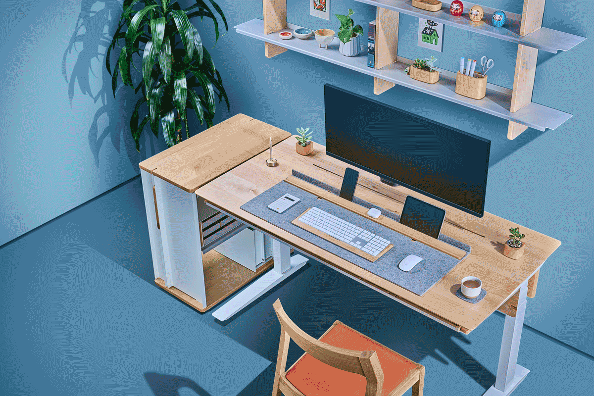 Animation showing the maple desk cart moving directly parallel with the Grovemade maple desk.