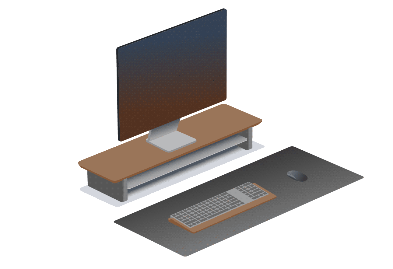 gif animation of a desk setup being changed by adding or removing multiple small and medium deskshelves next to each-other allowing more or less monitors on a desk.