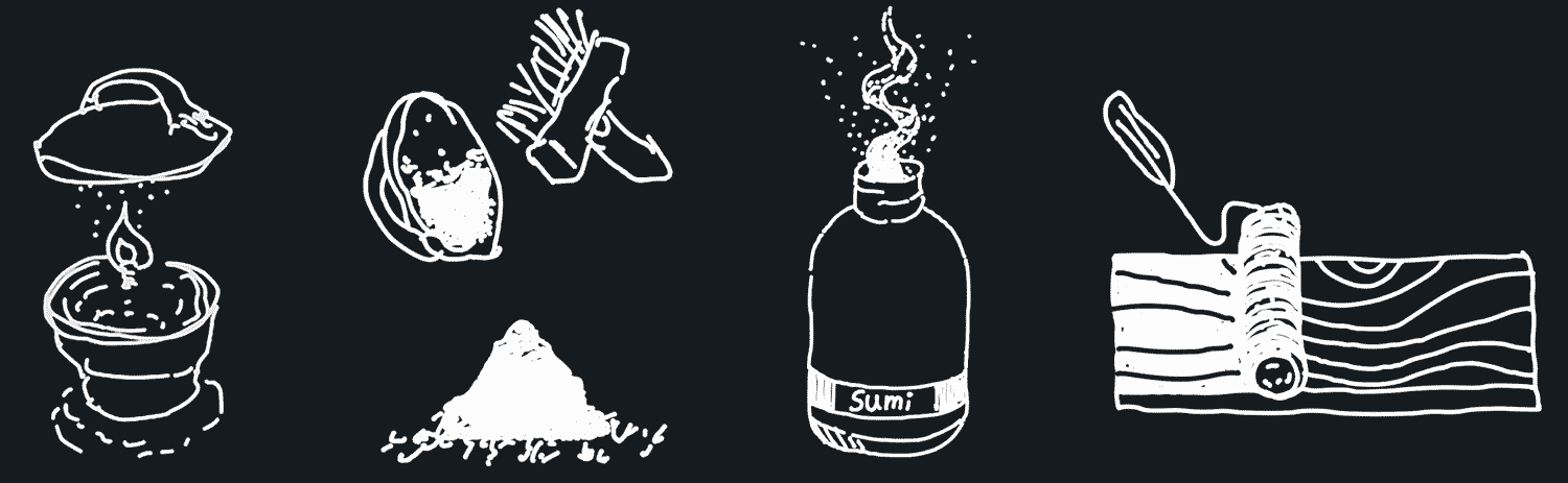 Sketchy animation showing steps of creating sumi ink. An oil lamp, scraping soot, mixing with water, painting onto wood.