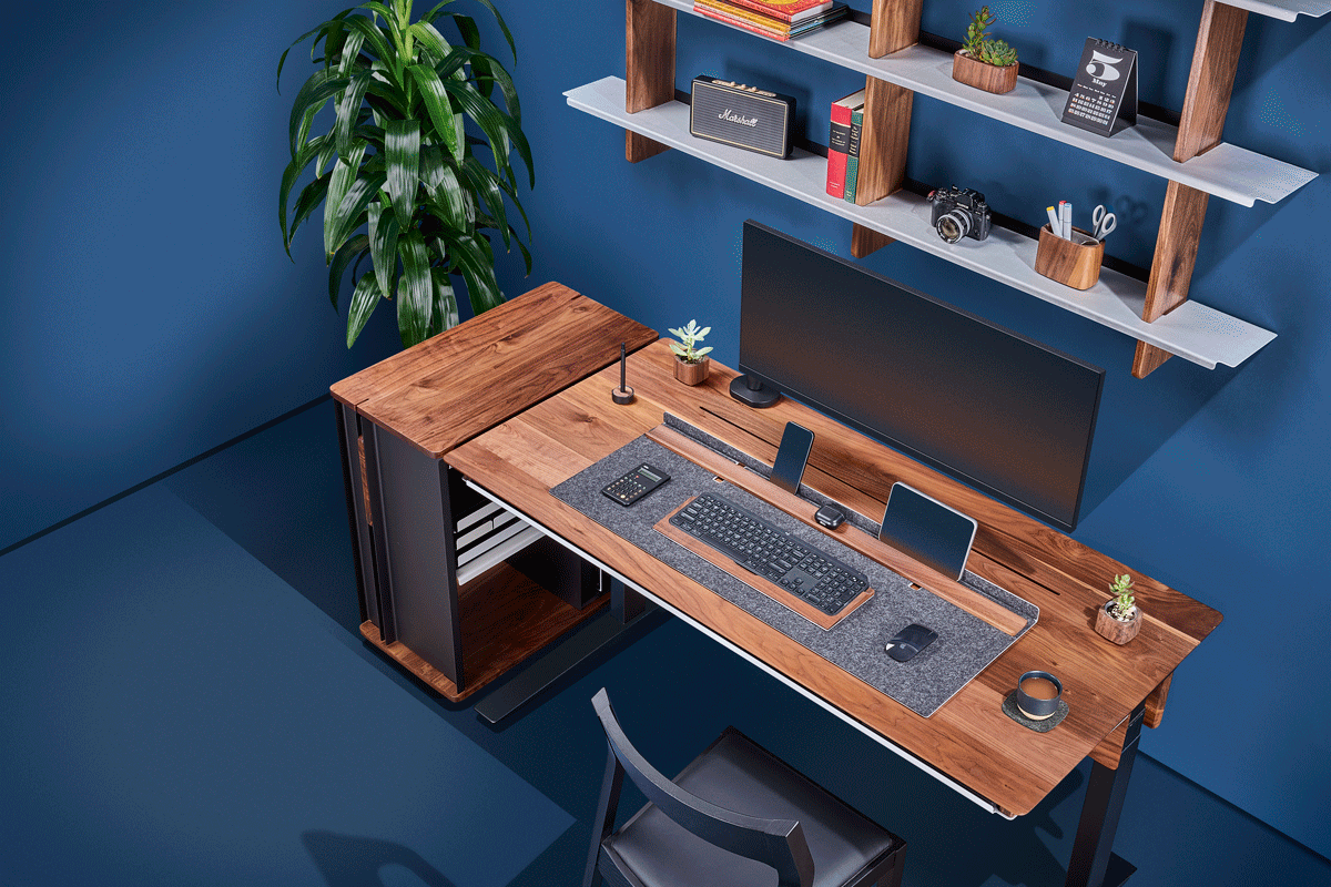 Animation showing the walnut desk cart moving directly parallel with the Grovemade walnut desk.